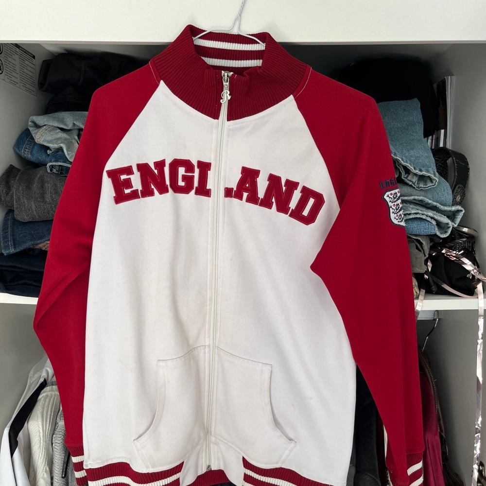 Red and White Y2K England Zip-Up Jacket
